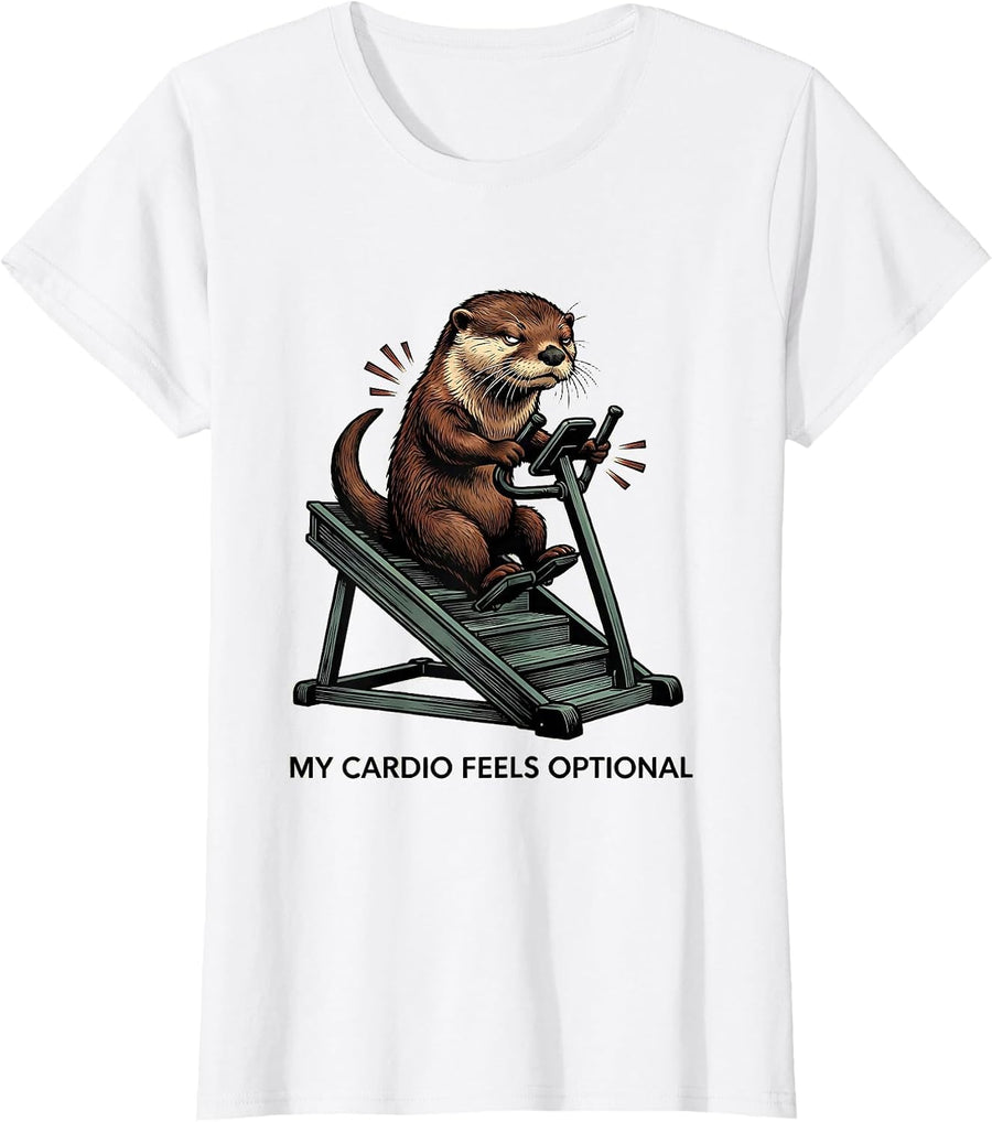 Women's My Cardio Feels Optional Funny Gym Workout Animal Humor T-Shirt - White