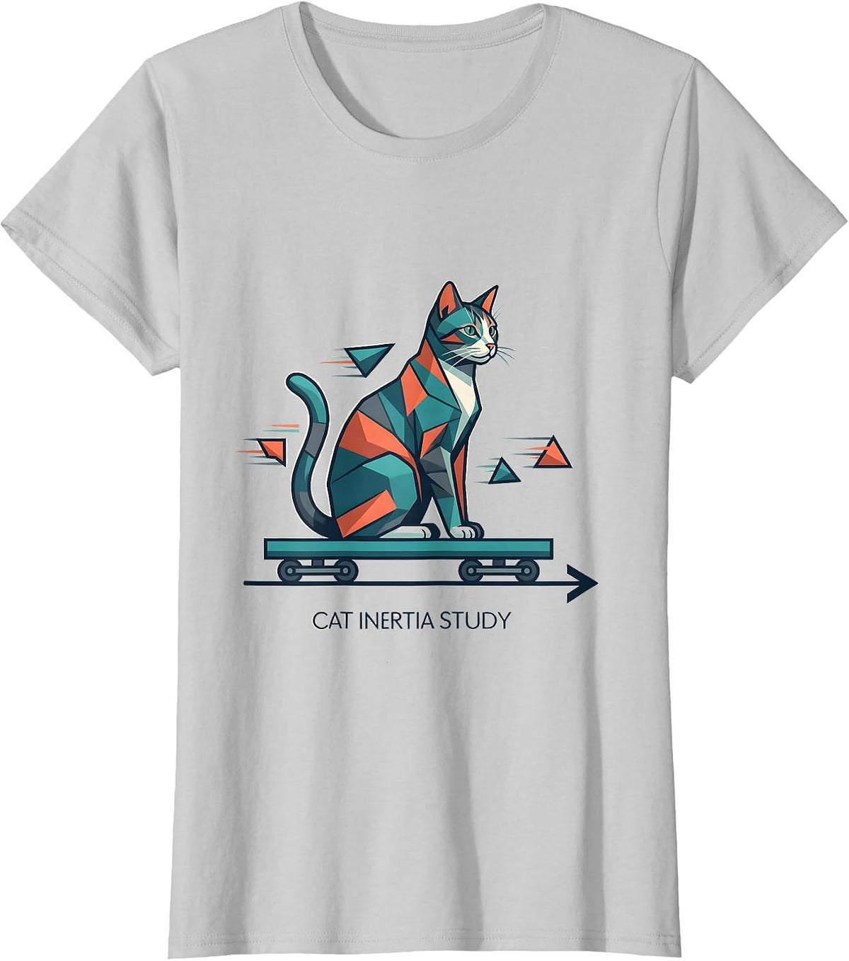 Cat Inertia Study Funny Science Cat Teacher Math Humor T-Shirt - Silver Grey