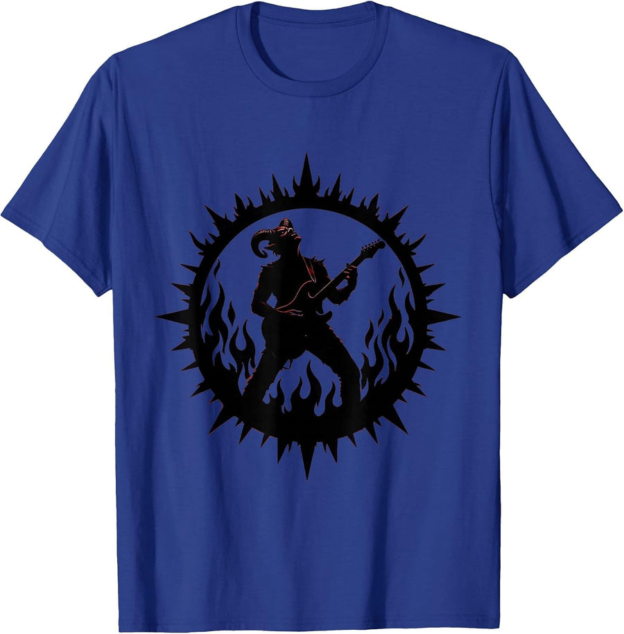 Demon Guitarist Shredding Flaming Stage Metal Design T-Shirt - Royal Blue