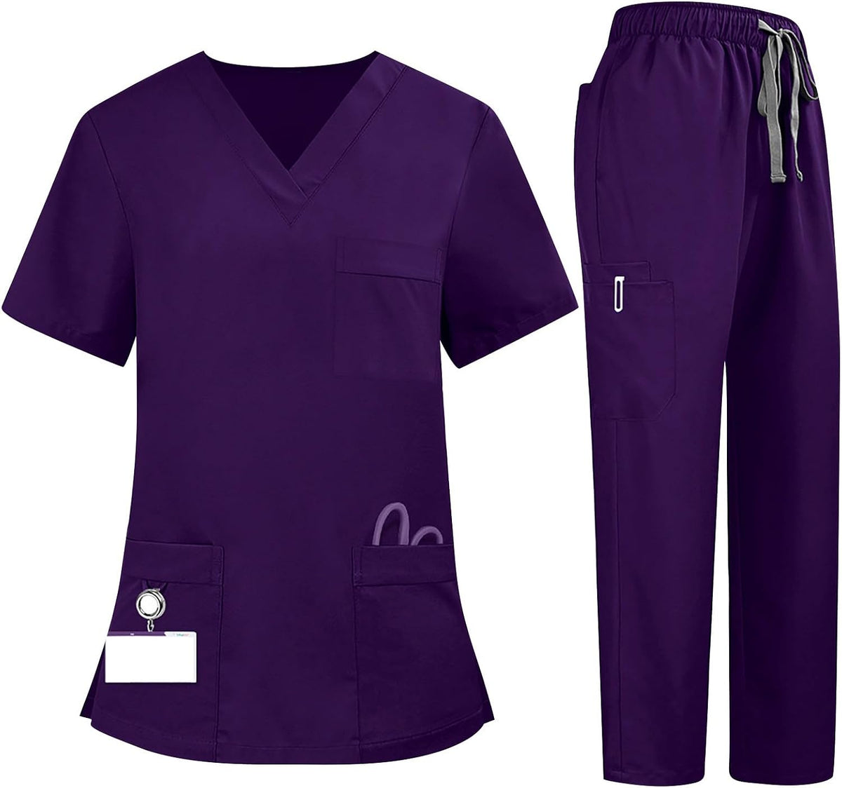 2 Pcs Scrubs Sets for Women Stretch Wide Leg Pants & V-Neck Short Sleeve Tops Plus Size Medical Scrub Sets - 1 Purple