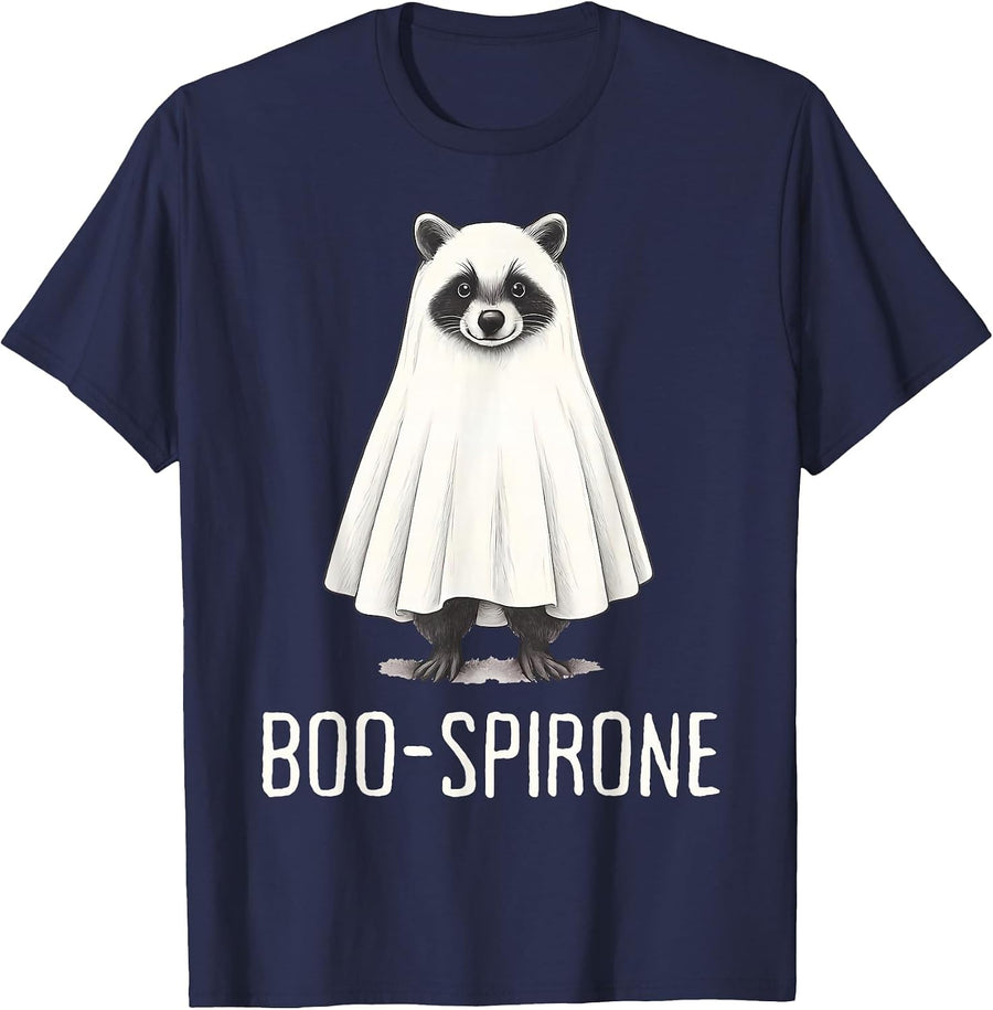 Boo Spirone Spooky Pharmacy Tech Raccoon Ghost Halloween T-Shirt - Navy Blue