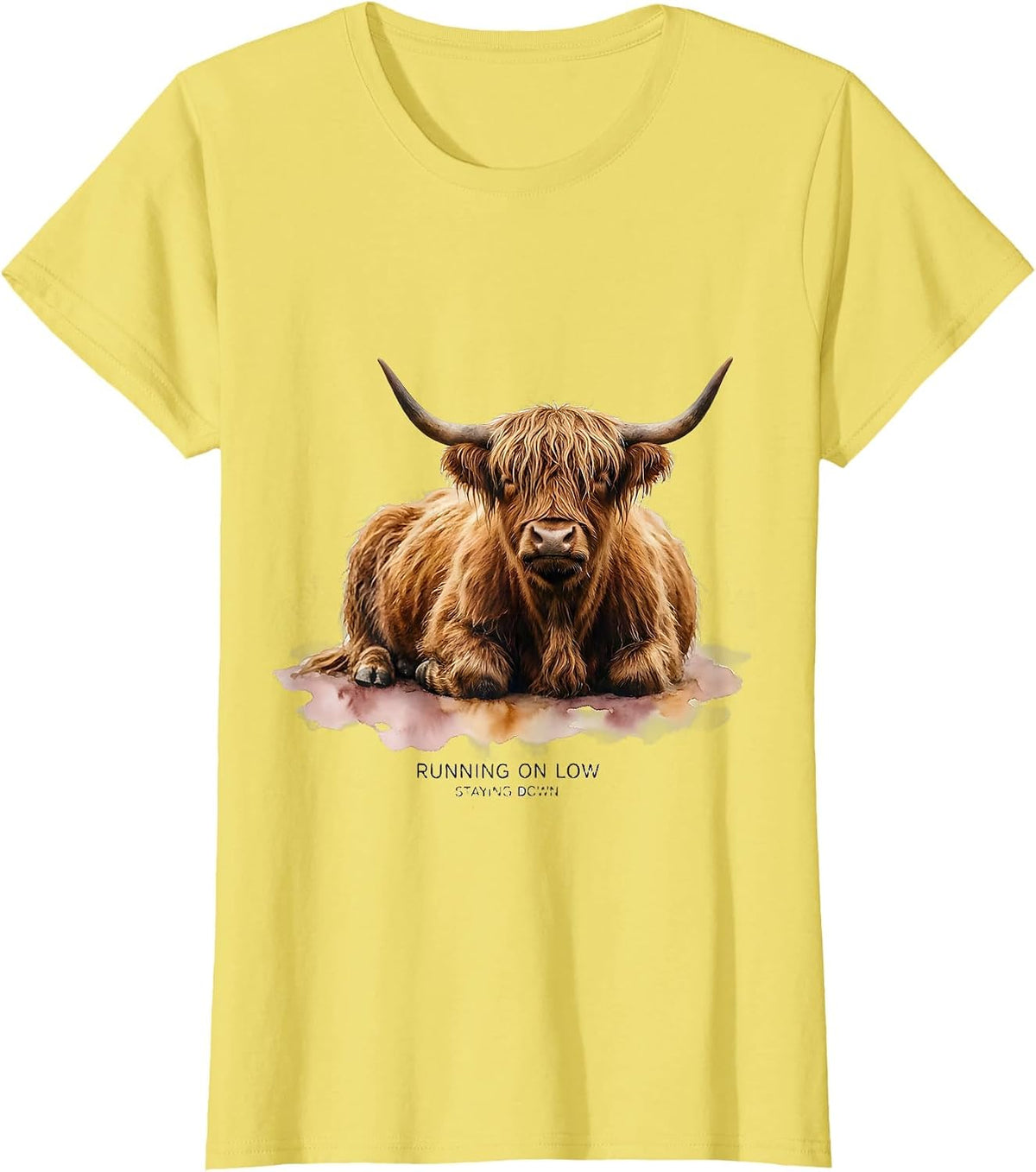 Running On Low, Staying Down Watercolor Highland Cow Cute T-Shirt - Lemon Yellow
