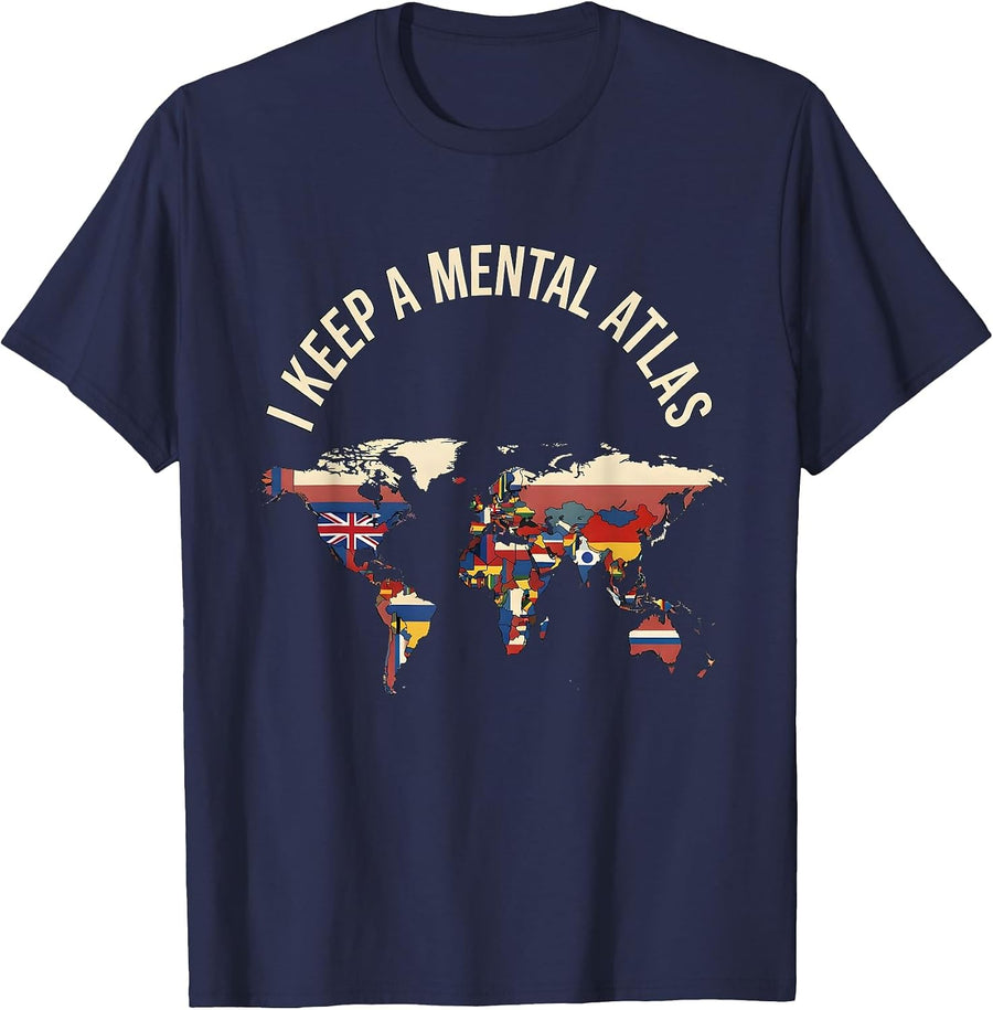 I Keep A Mental Atlas Minimalist Geography Teacher Travel T-Shirt - Navy Blue
