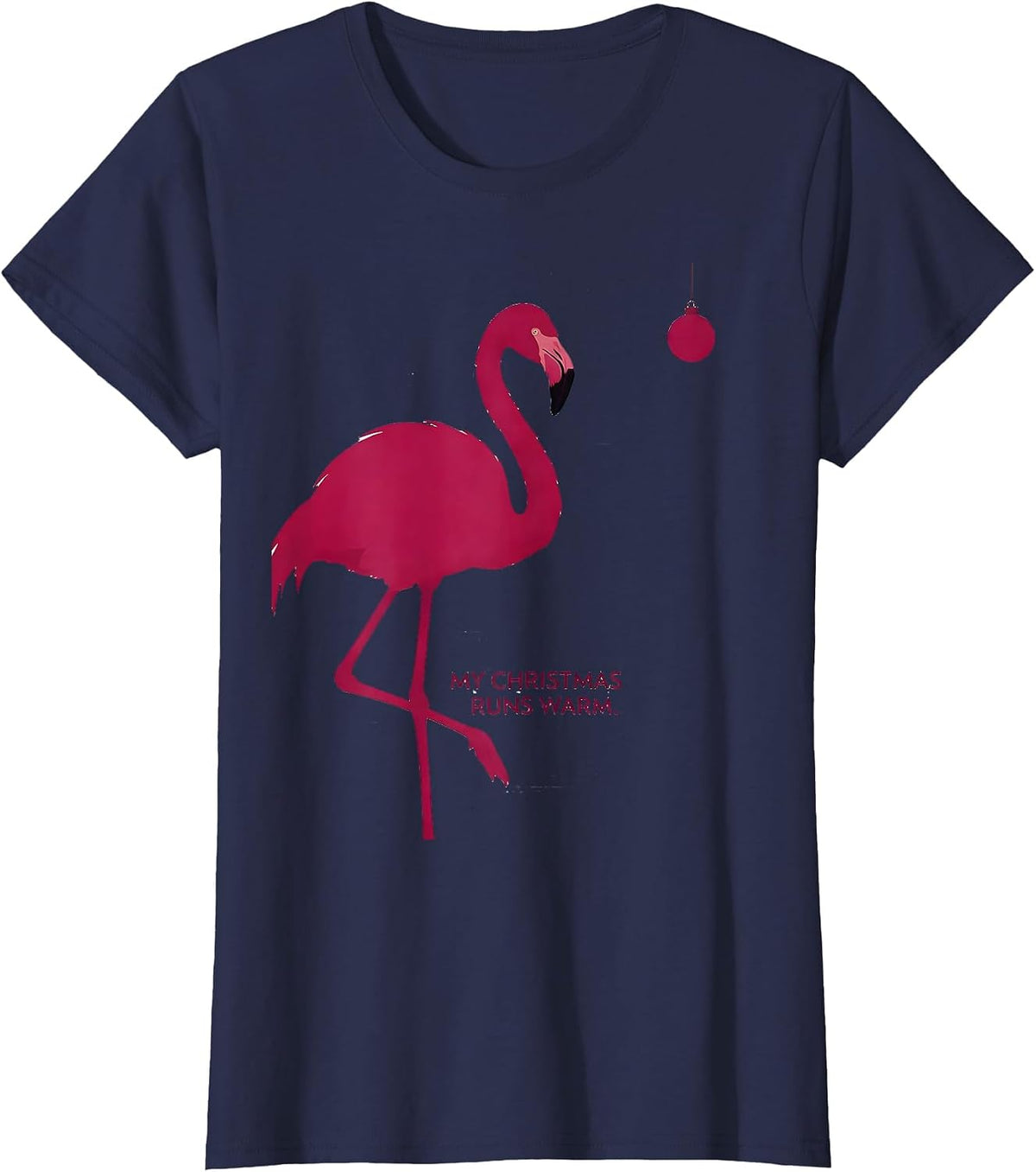 Women's My Christmas Runs Warm Funny Pink Flamingo Christmas in July T-Shirt - Navy Blue
