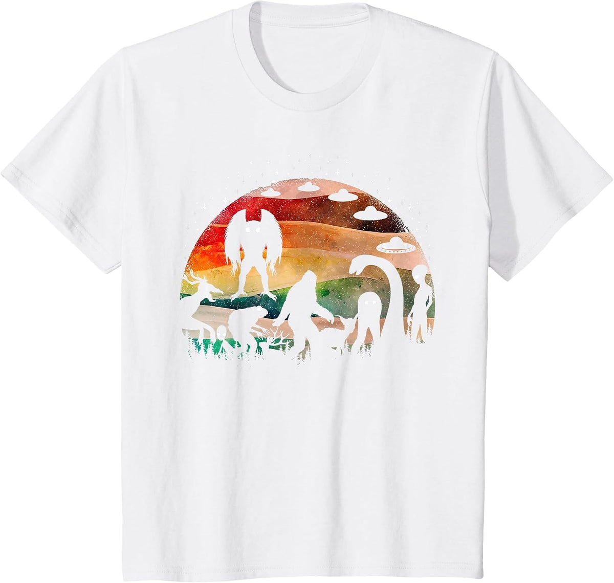 Retro Cryptid Funny Bigfoot Mothman and Aliens Cryptozoology T-Shirt - White