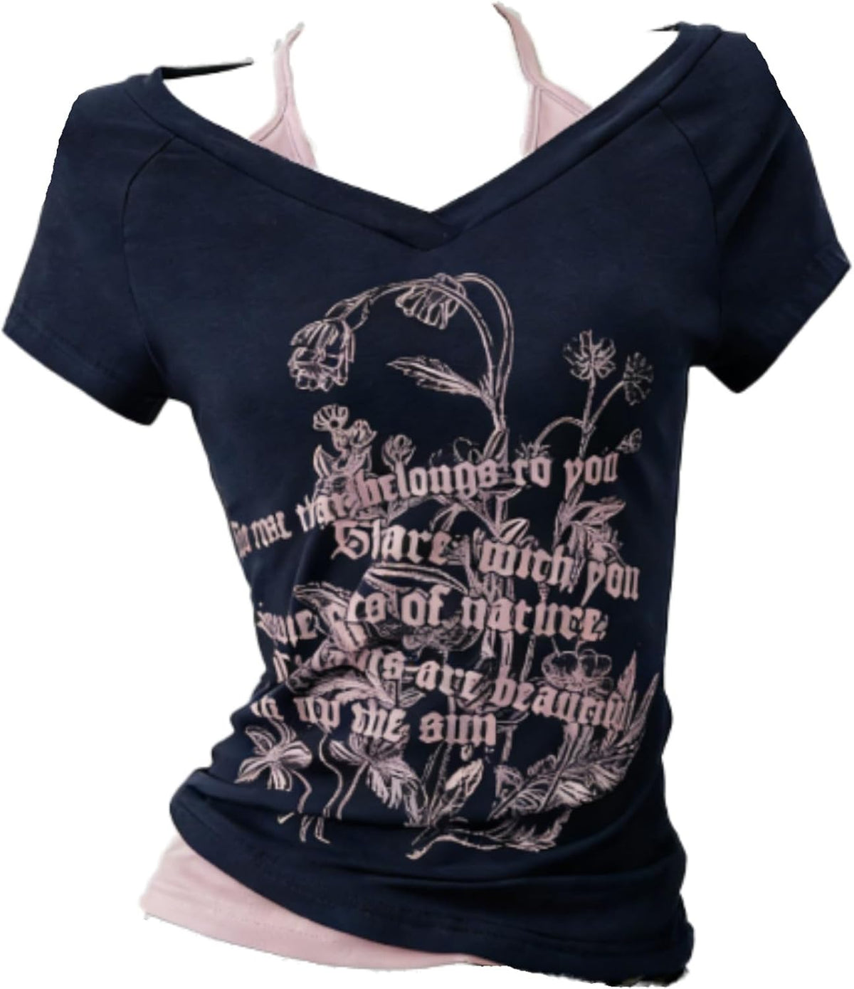 Emo Grunge Shirts Women 2000s Graphic Baby Tees Fake Two Piece Short Sleeve Vintage Y2k Crop Top Goth Alt Clothes - Blue Pink