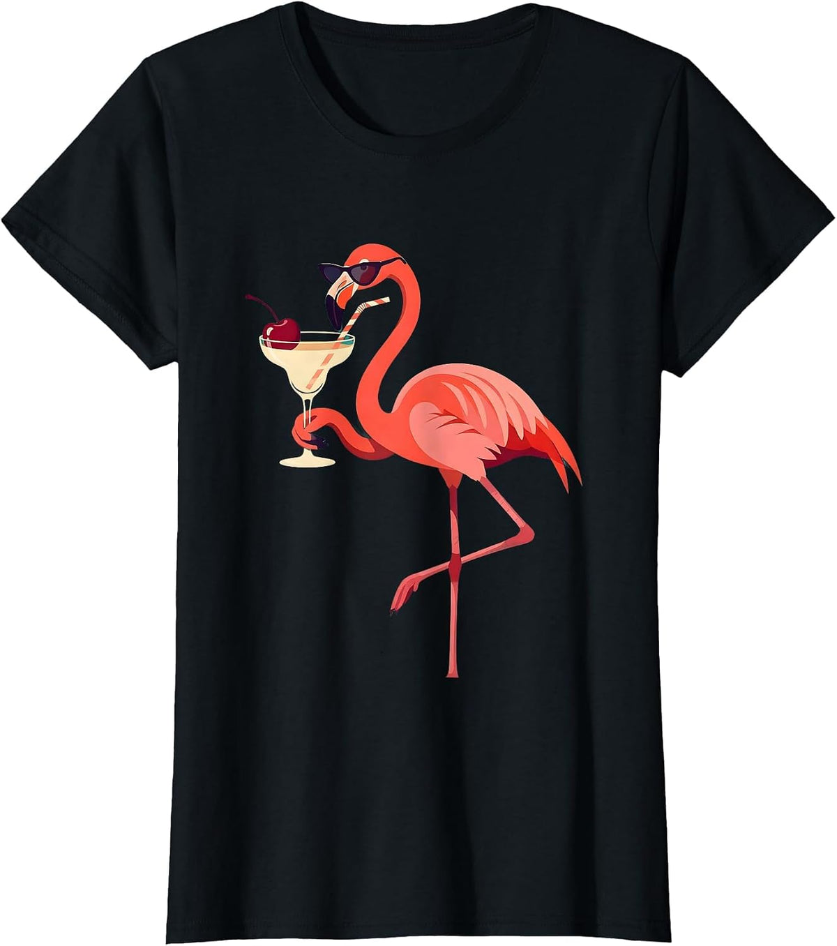 Flamingo in Sunglasses Sipping Cocktail Design T-Shirt - Black