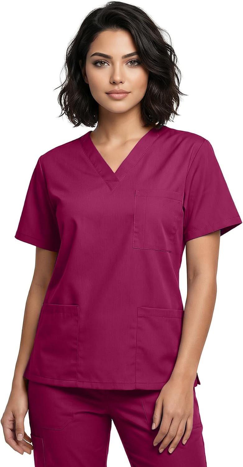 Natural Uniforms Unisex 3-Pocket Scrub Top, V-Neck Medical Nursing Shirt - Burgundy