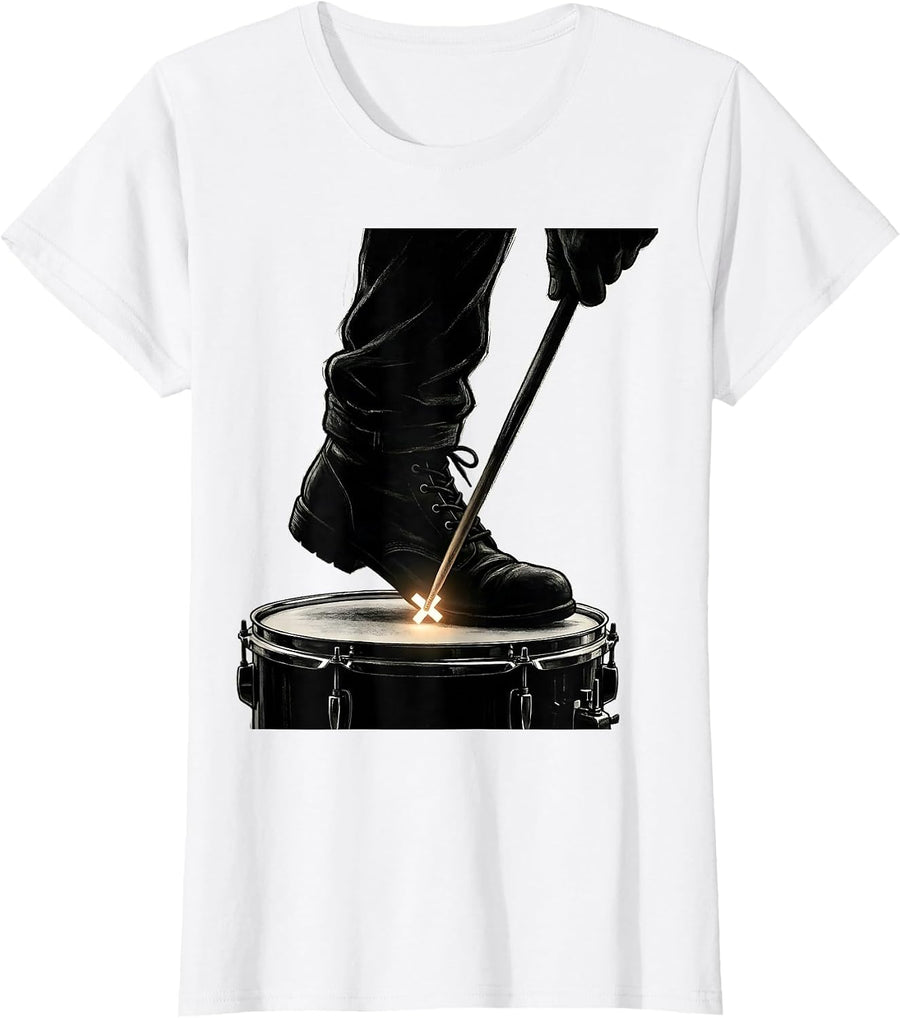 Women's Booted Foot Drum Pedal Worship Musician Tribute T-Shirt - White
