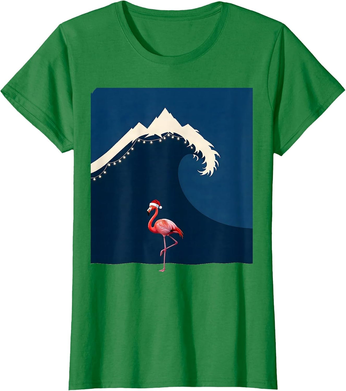 Women's Rolling Wave Mountain Pink Flamingo Santa Hat Holiday Humor T-Shirt - Kelly Green
