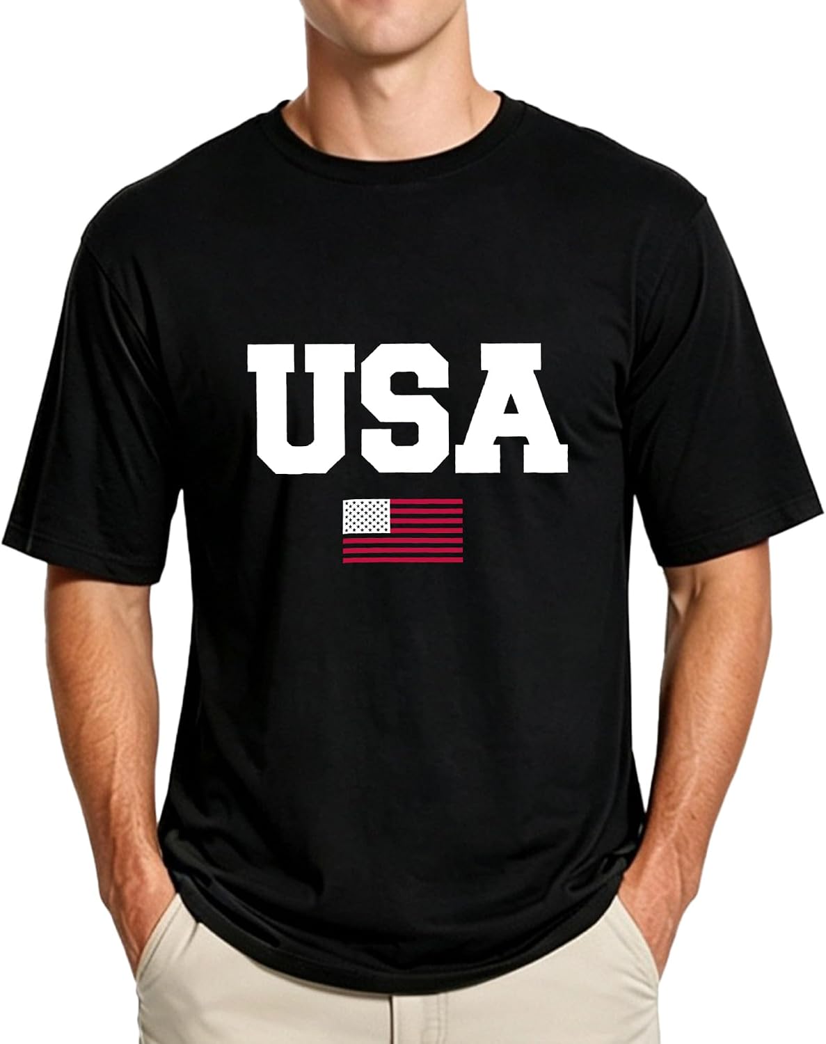 Men Graphic T Shirt American Flag 100% Cotton Patriotic USA Crewneck Tee - Black