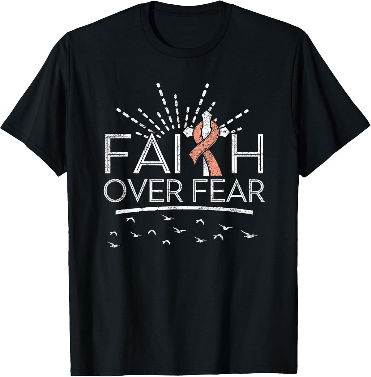 Faith Over Fear Peach Ribbon Uterine Cancer T-Shirt - Black