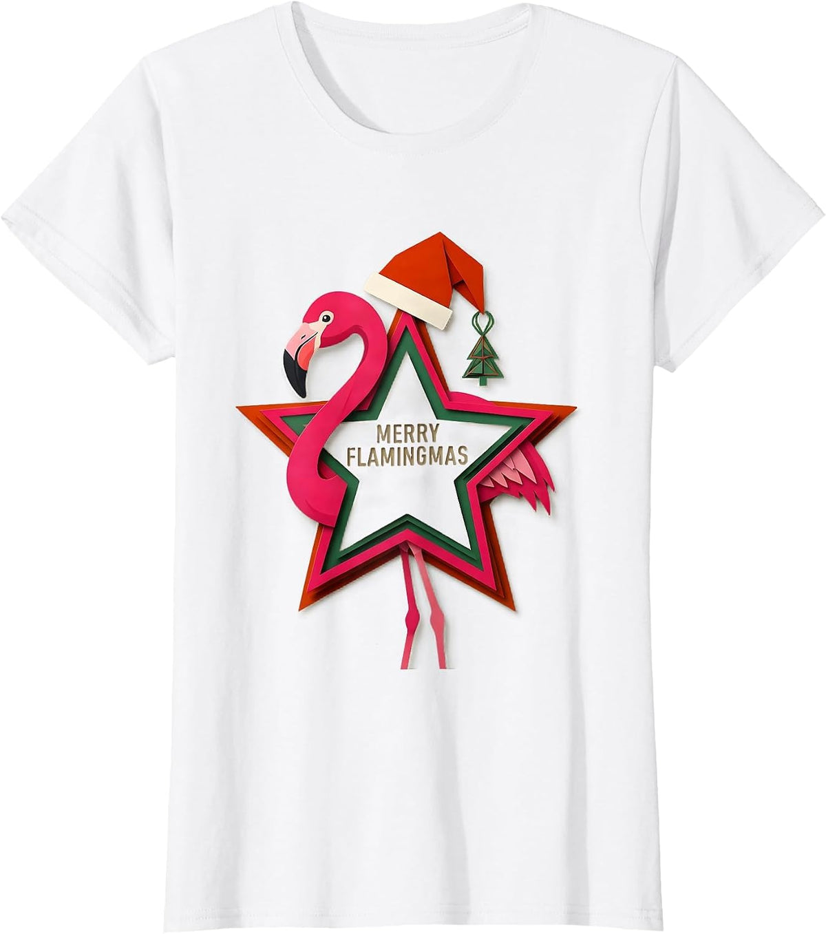 Merry Flamingmas Pink Flamingo Christmas Star Ornament T-Shirt - White