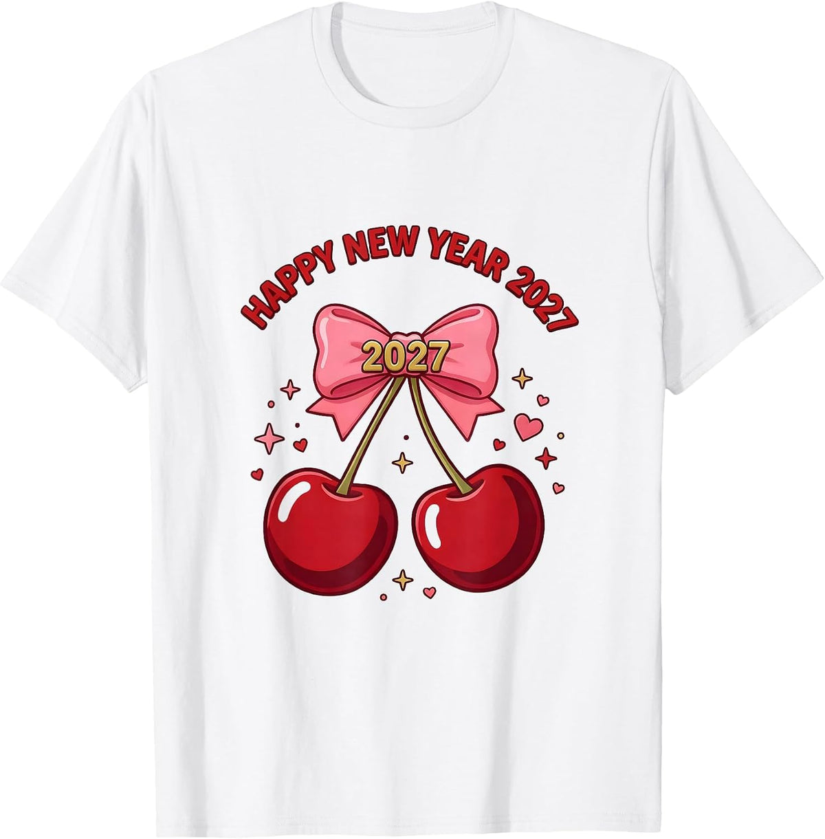 Men's Happy New Year 2027 Cute Cherry Bow Glam Party Top T-Shirt - White