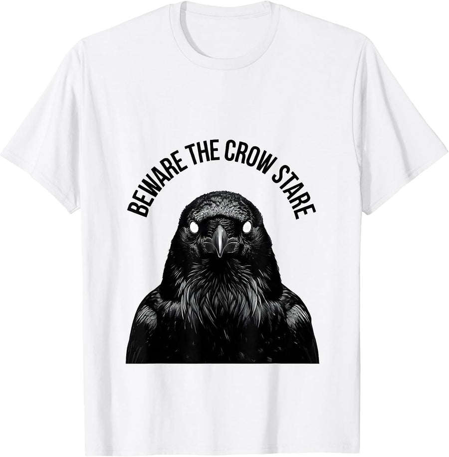 Men's Beware the Crow Stare Dark Bird Design T-Shirt - White