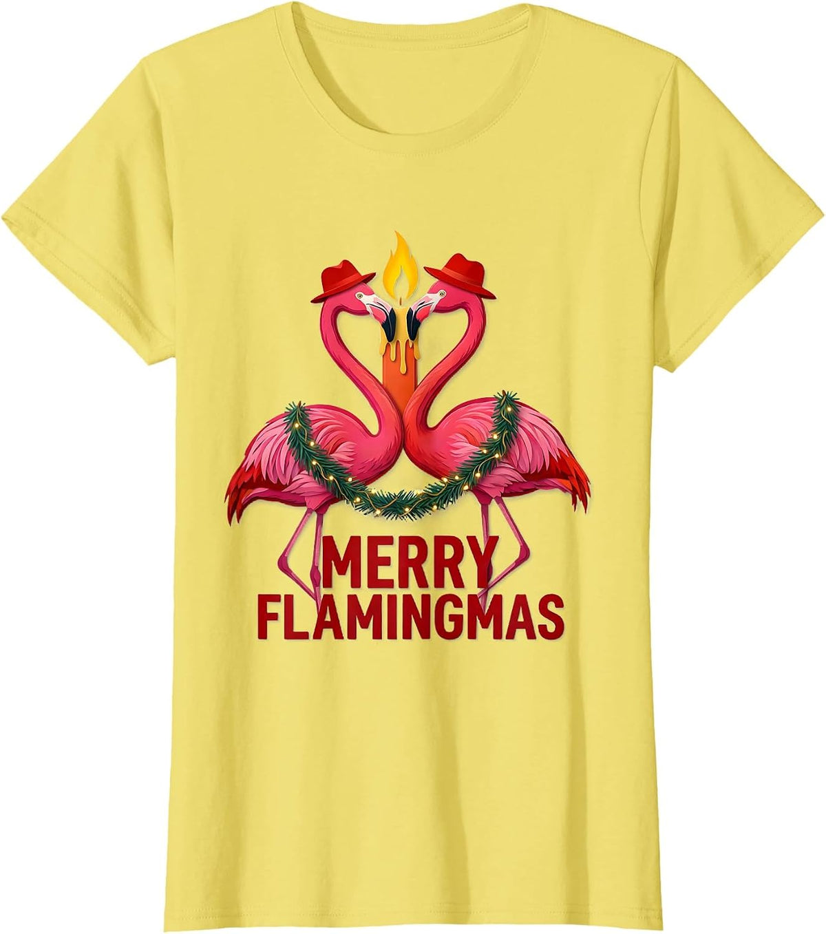 Merry Flamingmas Pink Flamingo Christmas Pun Holiday Pajamas T-Shirt - Lemon Yellow