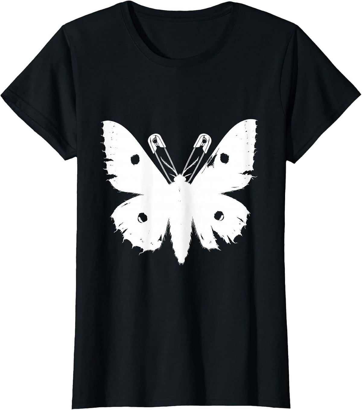 Punk Moth Safety Pin Antennae Dark Wings Design T-Shirt - Black