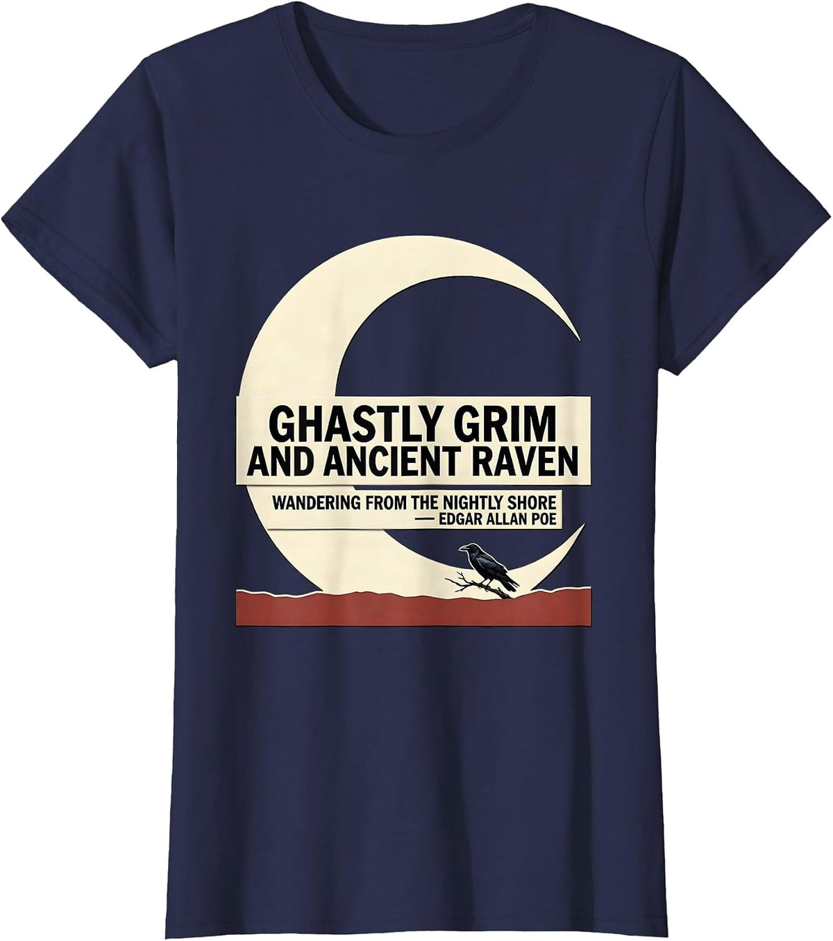 Women's Ghastly Grim And Ancient Raven Poe Gothic Quote T-Shirt - Navy Blue