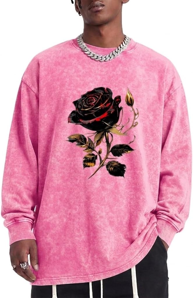 Goth Graphic Long Sleeve Shirts for Men Gothic Rose Shirt Grunge Vintage Streetwear Shirts Acid Wash Tshirts - Pink