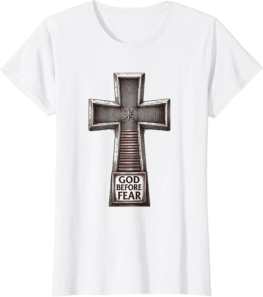 Women's God Before Fear Patriotic Christian Faith Over Fear USA Flag T-Shirt - White