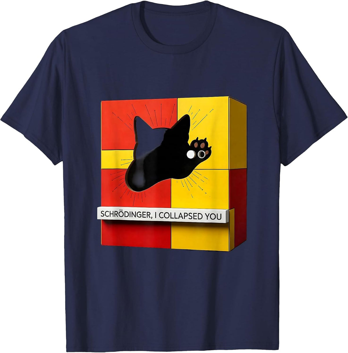 Men's Schrödinger, I Collapsed You Funny Quantum Physics Cat Humor T-Shirt - Navy Blue