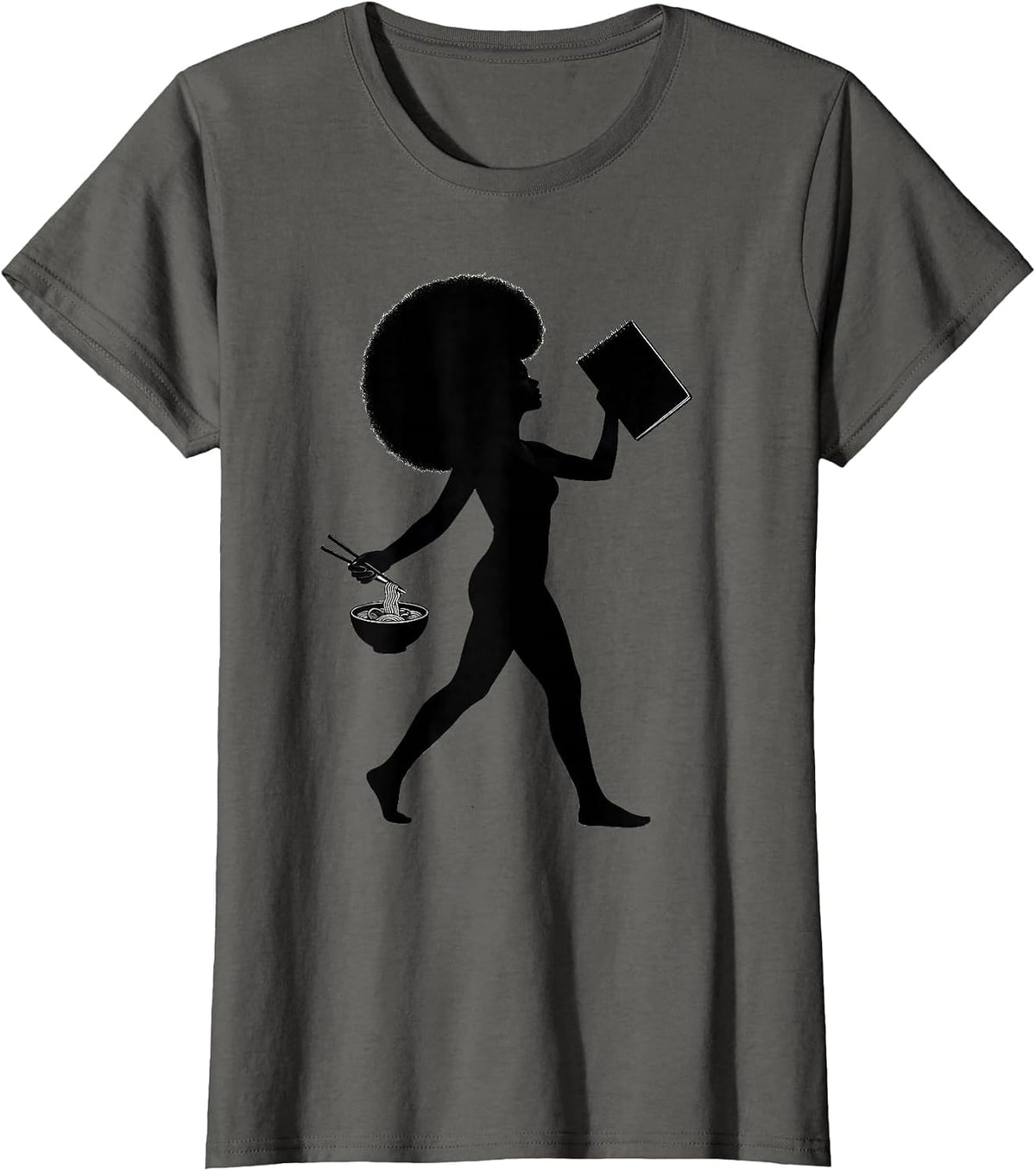 Women's Afro Anime Girl Sketching Ramen Lover Art T-Shirt - Asphalt Grey