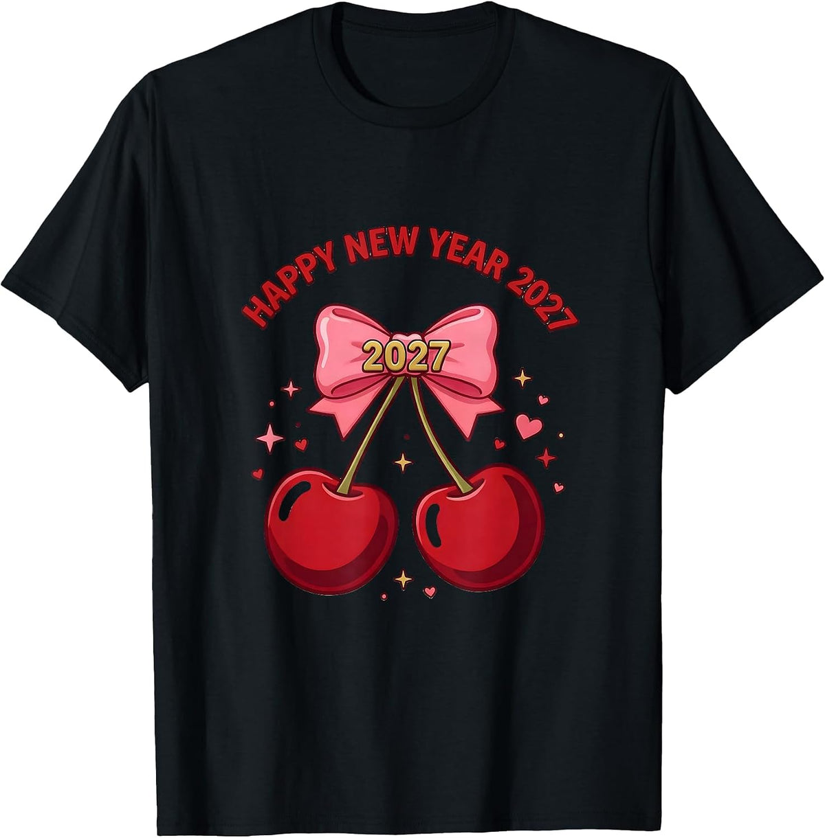 Men's Happy New Year 2027 Cute Cherry Bow Glam Party Top T-Shirt - Black