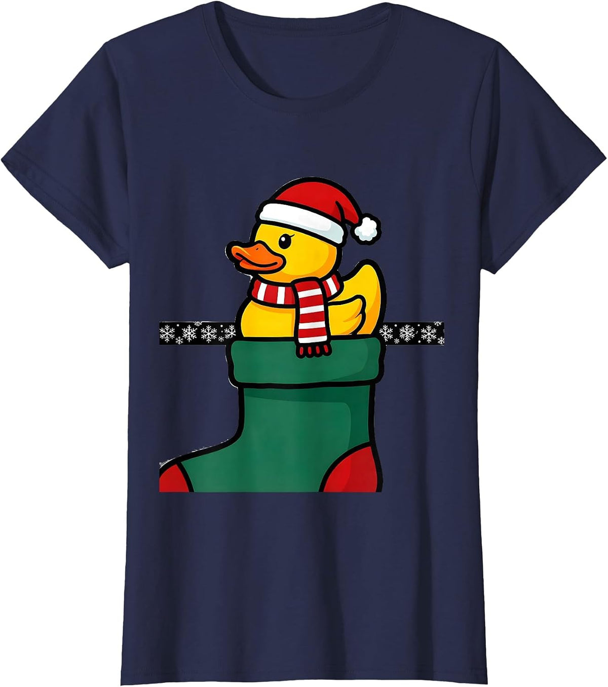 Women's Stubby Rubber Duck Santa Hat Christmas Pajama Humor T-Shirt - Navy Blue