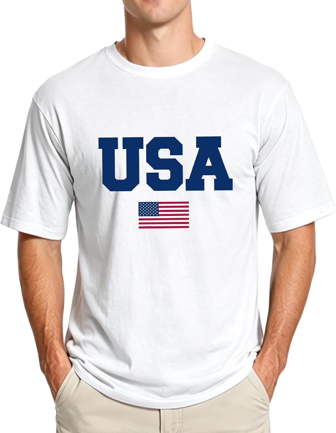 Men Graphic T Shirt American Flag 100% Cotton Patriotic USA Crewneck Tee - White
