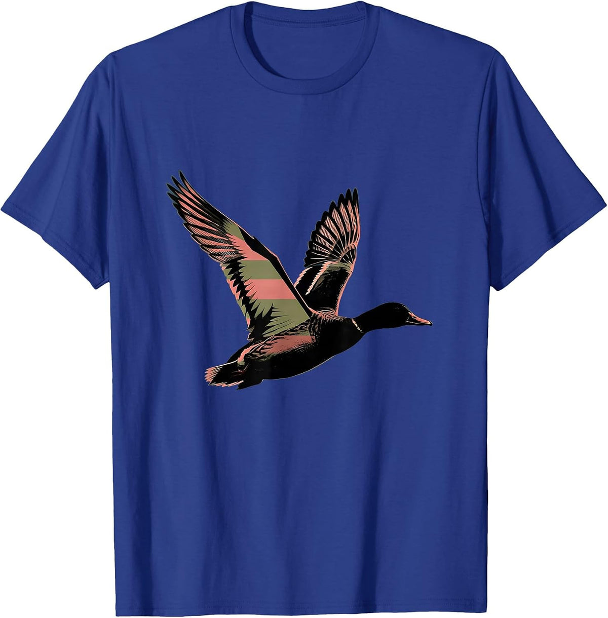 Pink Camo Duck in Flight Over Marsh at Dusk T-Shirt - Royal Blue
