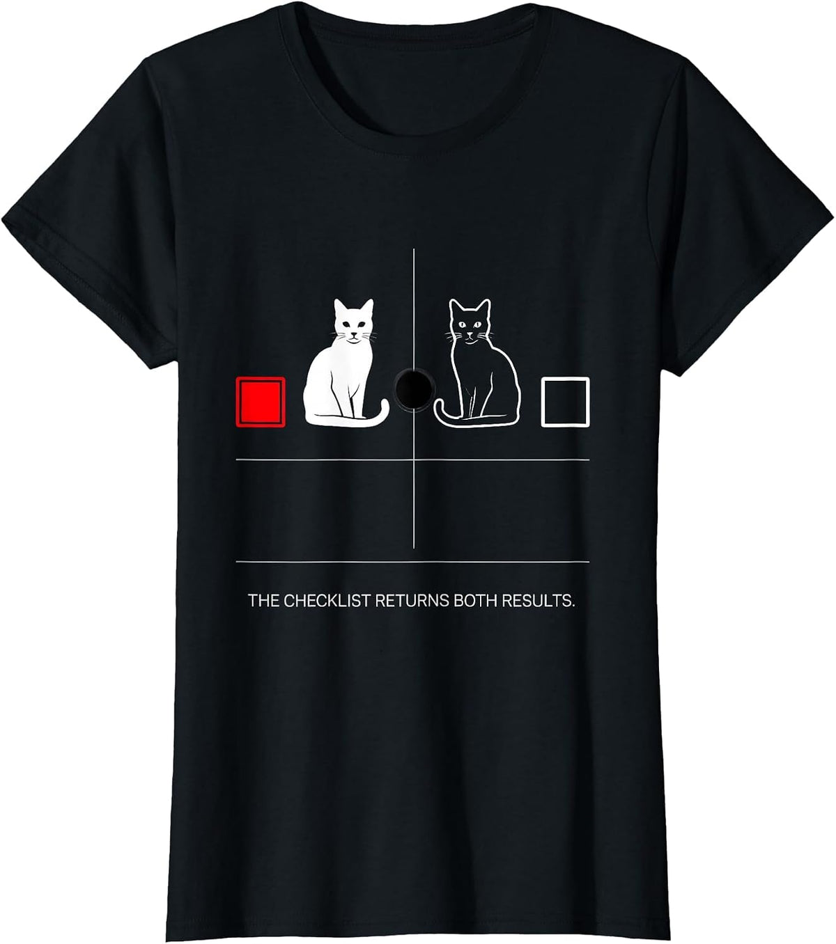 Women's The Checklist Returns Both Results Funny Physics Nerd Cat T-Shirt - Black