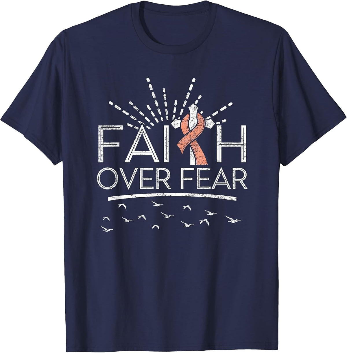 Faith Over Fear Peach Ribbon Uterine Cancer T-Shirt - Navy Blue