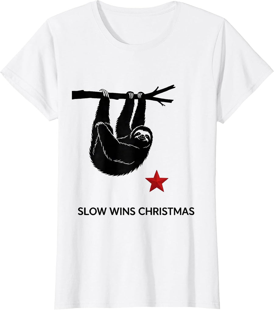 Women's Slow Wins Christmas Funny Sloth Lover Holiday Humor T-Shirt - White