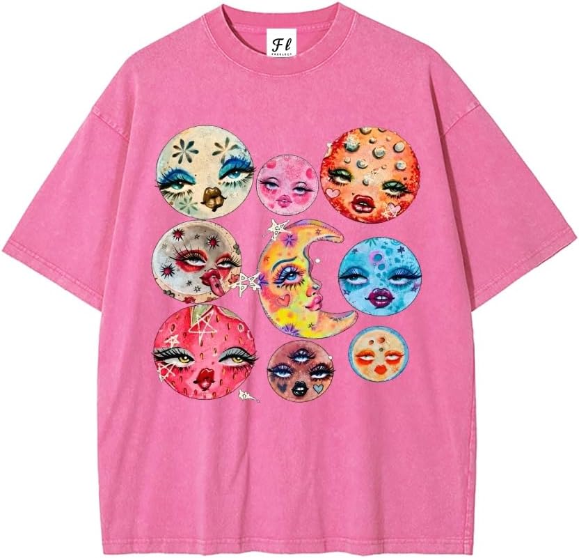 Trippy Face Moon Planet Art Vintage Washed Graphic Tee - Hotpink