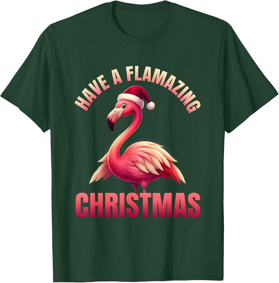 Men's Have A Flamazing Christmas Pink Flamingo Santa Hat Holiday T-Shirt - Dark Green