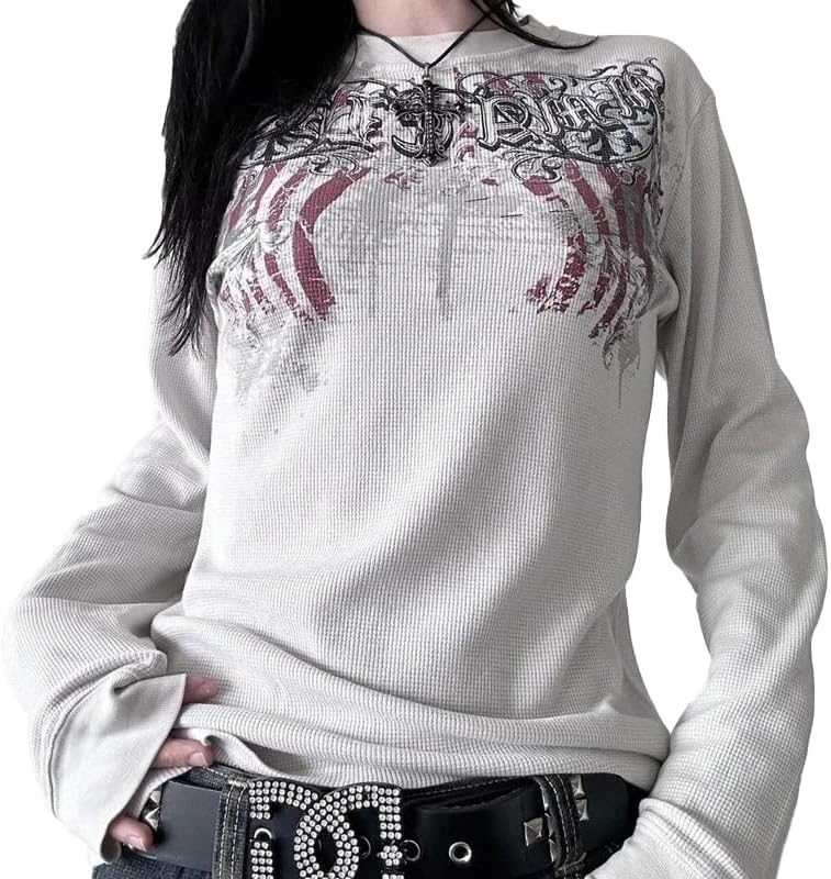 Y2K Grunge Graphic T-Shirt Women Vintage Goth Long Sleeve Pullovers Tops - Type 3