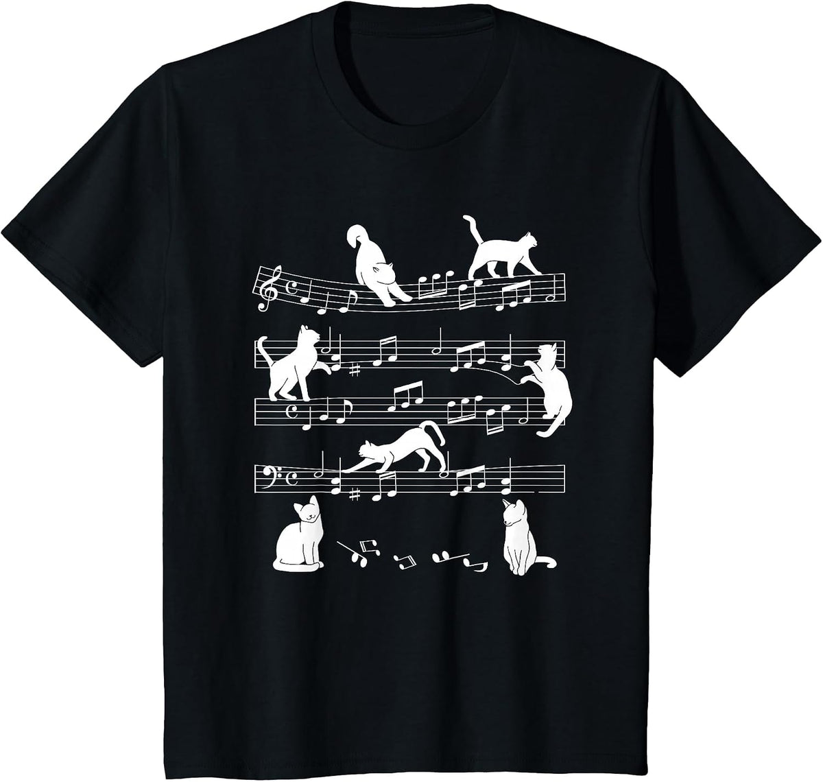 Cute Cat Kitty Playing Music Note Clef Musician Art T-Shirt - Black