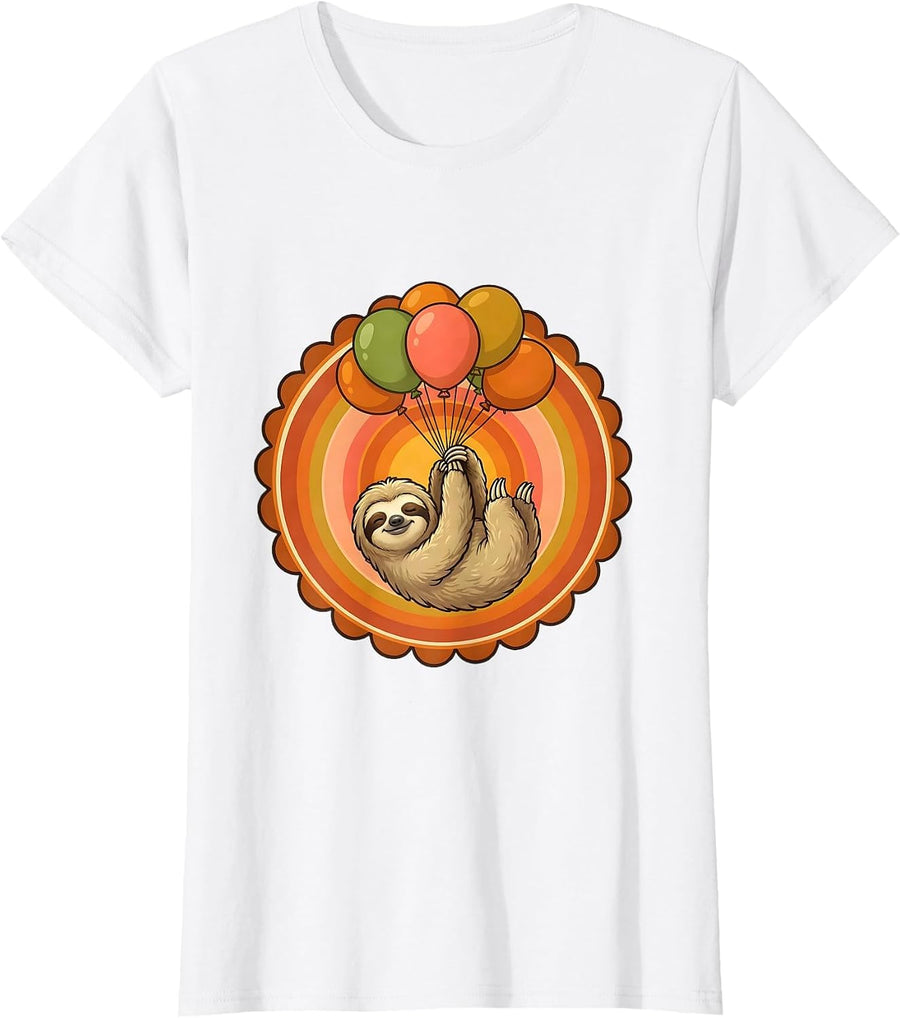 Women's Sloth Balloon Birthday Celebration Graphic Tee T-Shirt - White