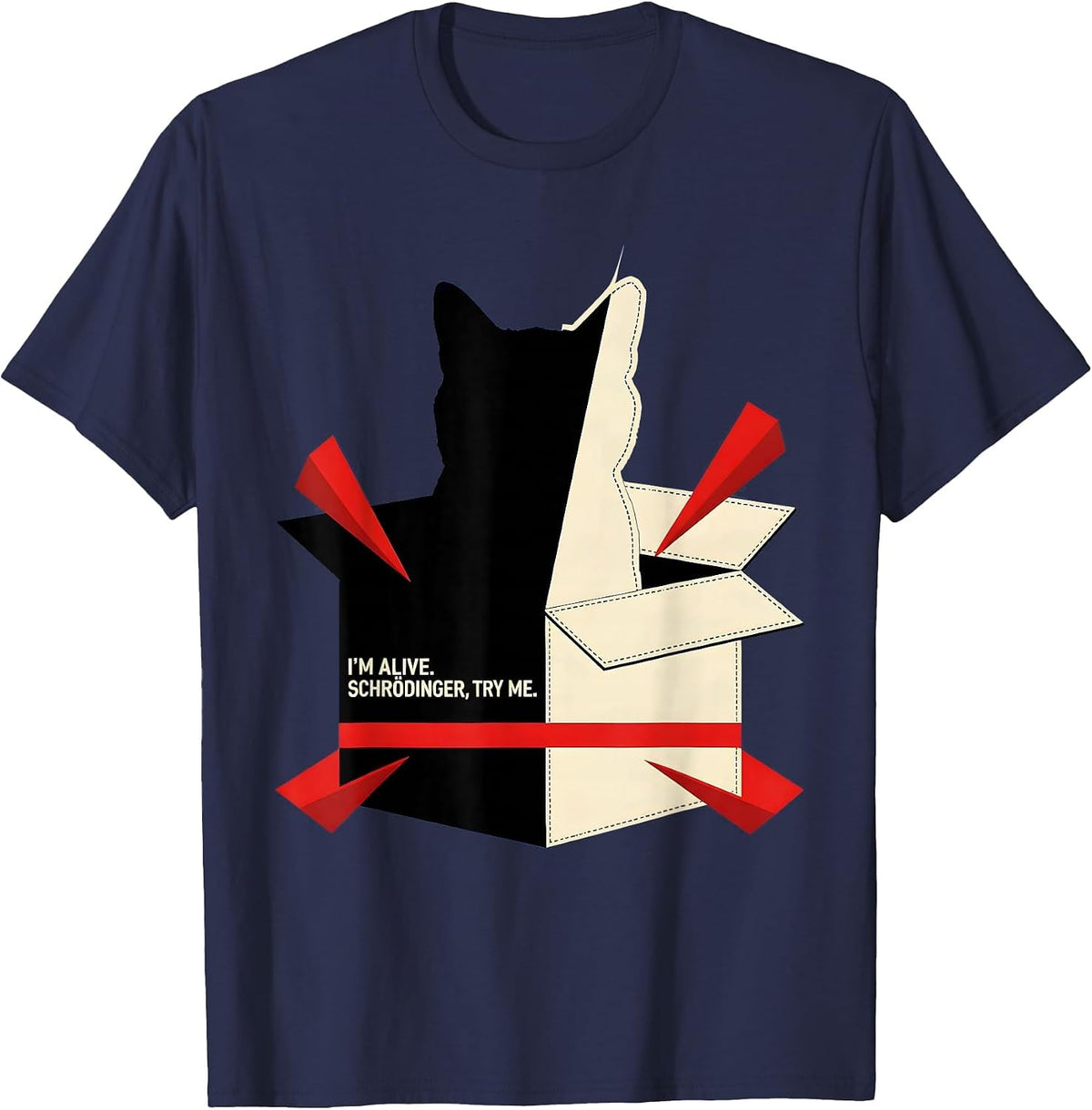 Men's I'm Alive Schrödinger Try Me Funny Physics Quantum Humor T-Shirt - Navy Blue