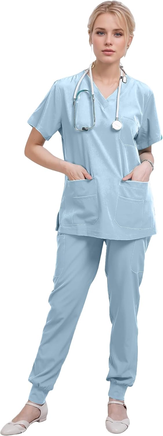 Town Scrubs for Women Scrub Set - Jogger Pant and Comfort Stretch V-Neck Easy Care Uniforms - Sky Blue