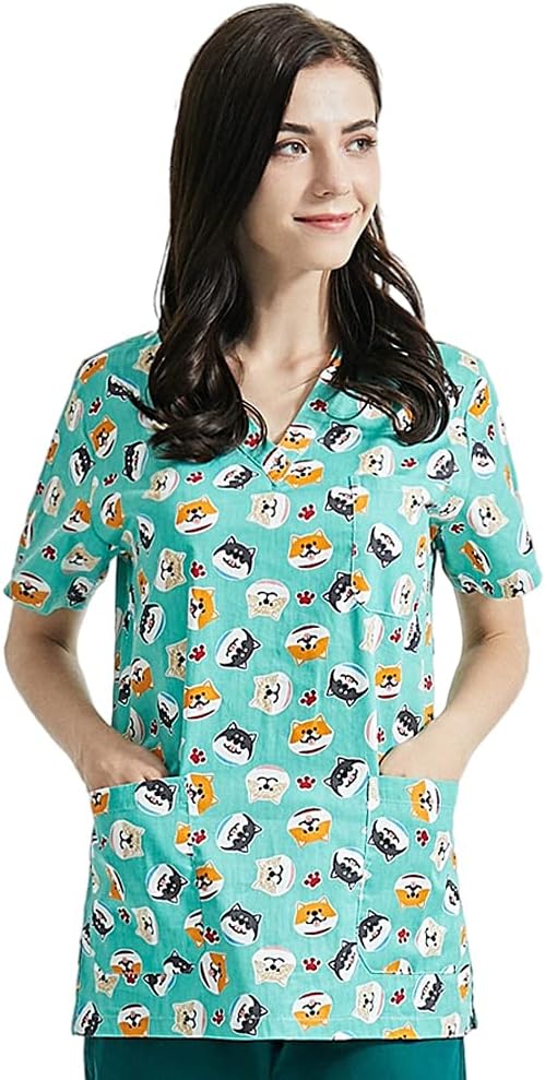 Women V-Neck Scrub_Shirt Work Clothing Pet Grooming Uniforms Animal Uniform Top Printing Working Scrubs Tops Cartoon Pet -