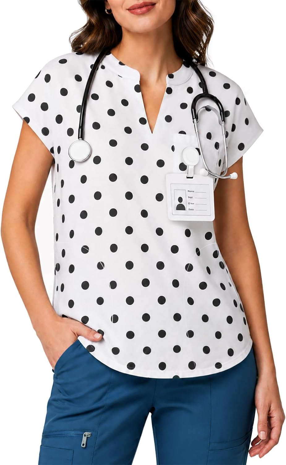 Yousify Scrubs for Women V Neck Printed Scrub Tops - White