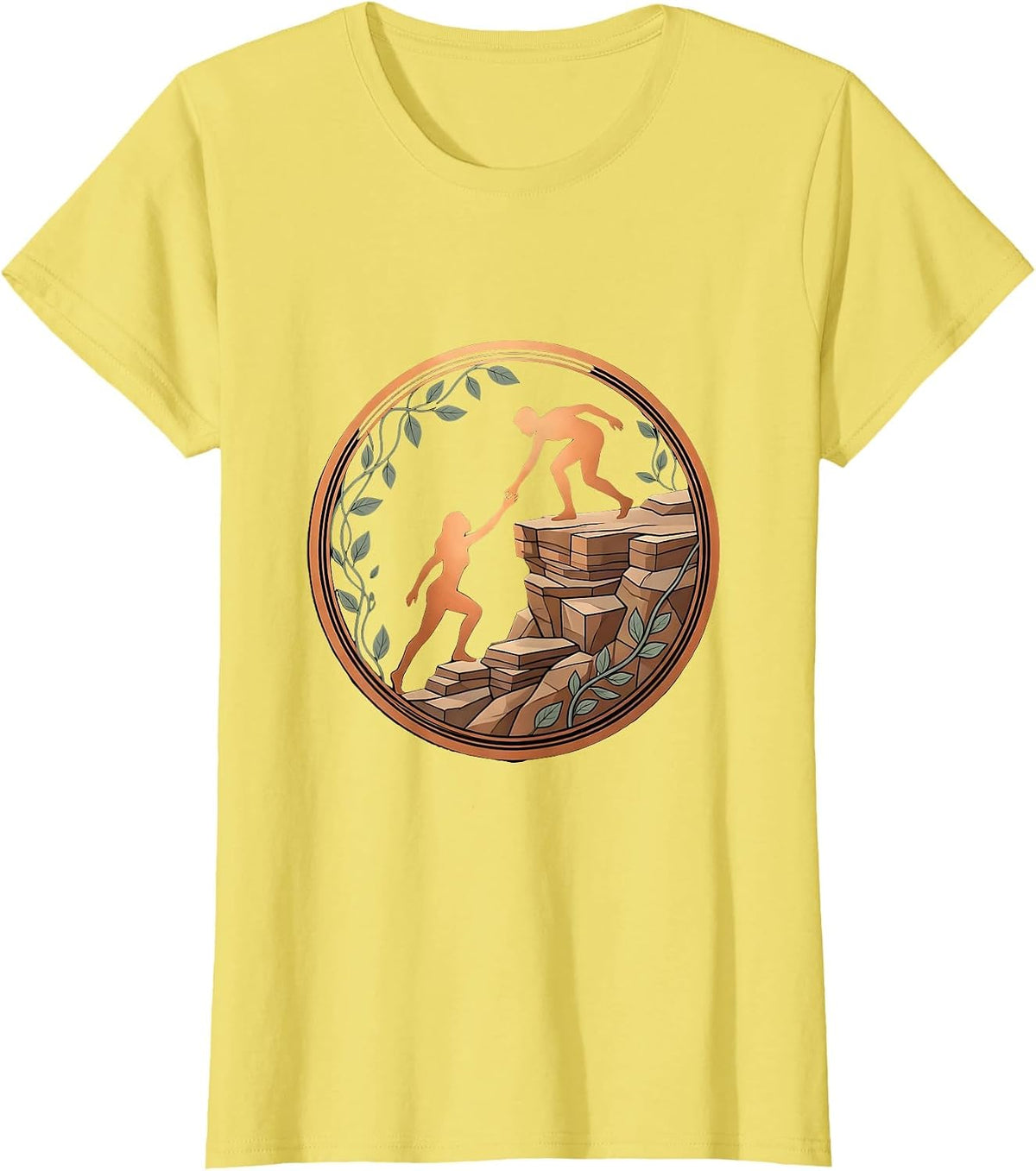 Women's Helping Hand Human Figure Cliff Climbing Graphic T-Shirt - Lemon Yellow