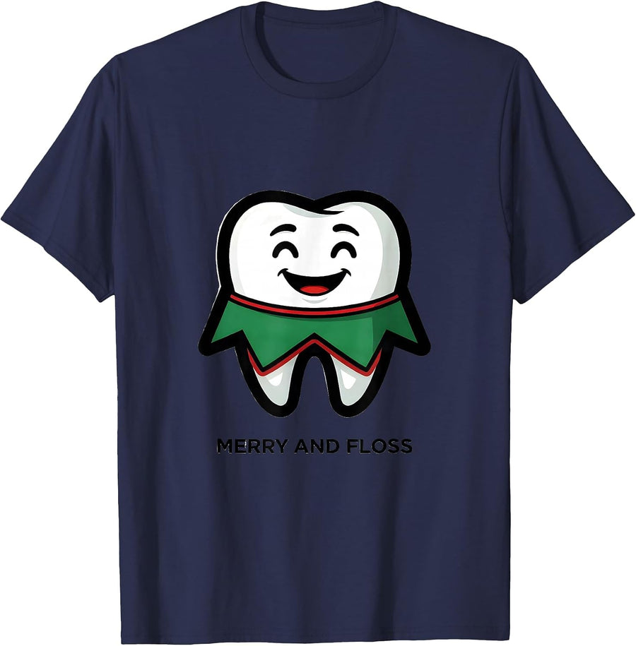 Merry and Floss Funny Dental Christmas Dental Staff Crew T-Shirt - Navy Blue