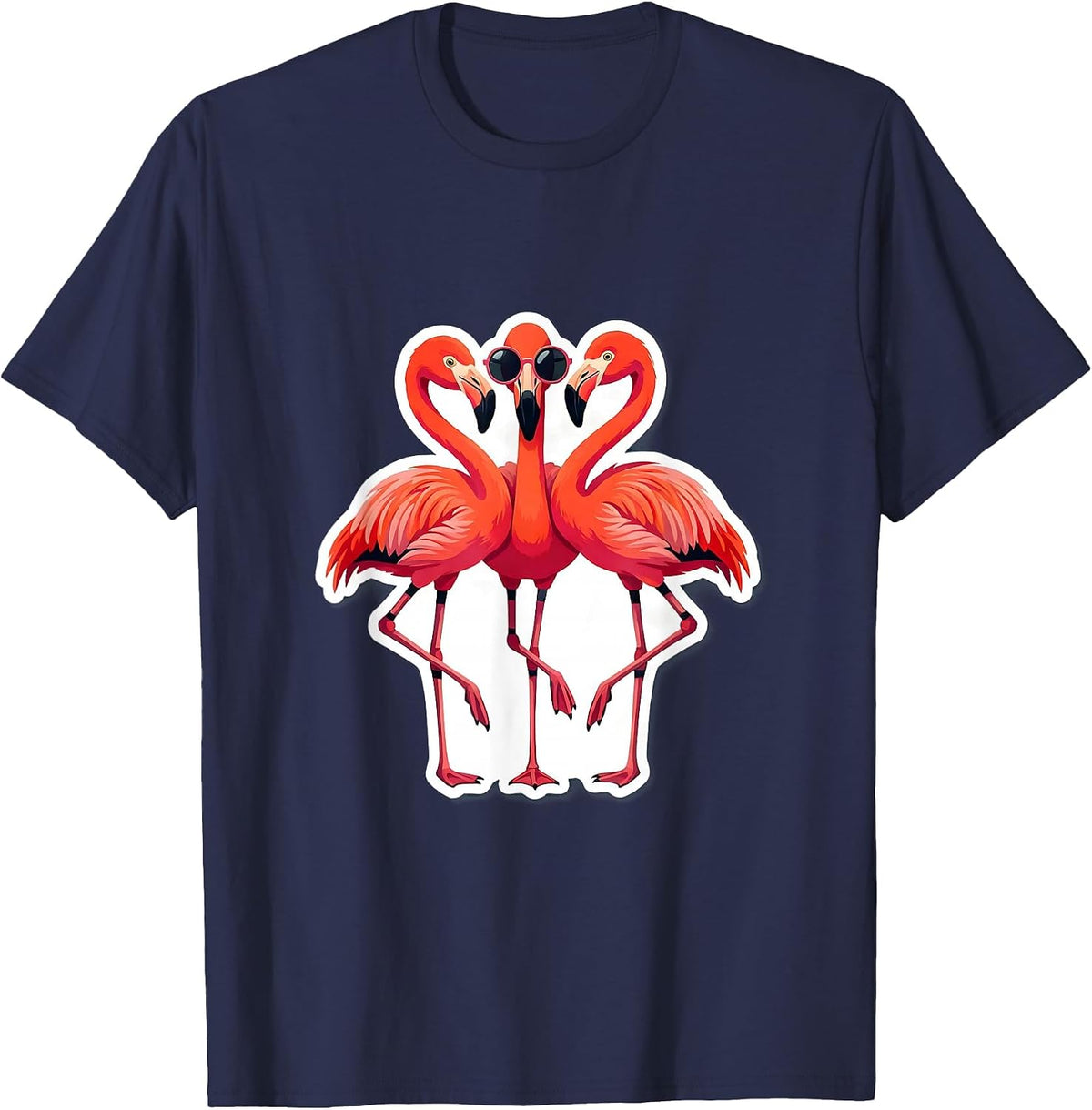 Men's Synchronized Flamingo Sticker-Style Novelty Humor T-Shirt - Navy Blue