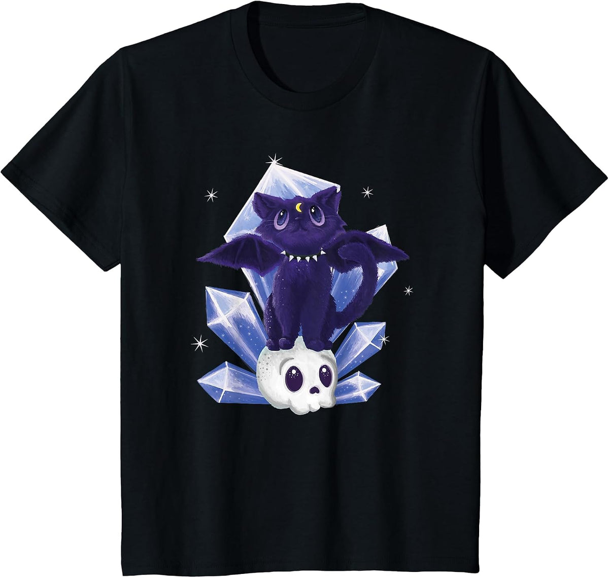 Kawaii Pastel Goth Cute Creepy Witchy Cat and Skull T-Shirt - Black
