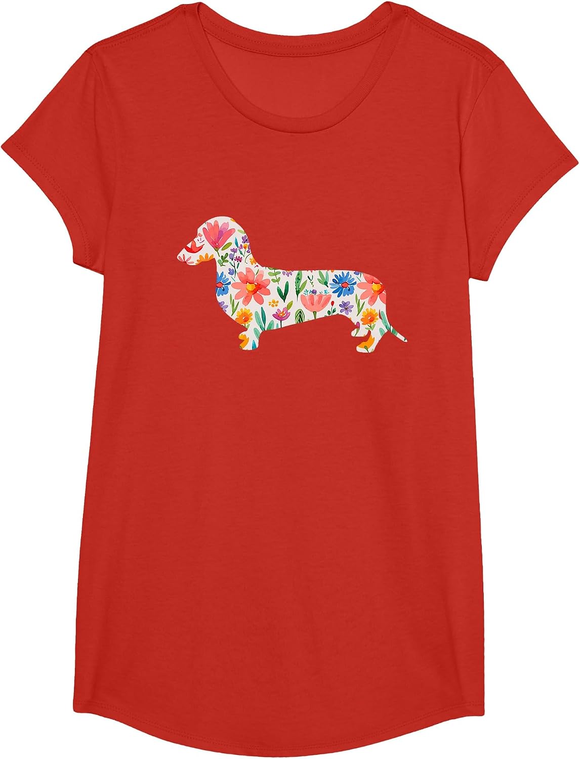 Smooth Dachshund Watercolor Flowers Design T-Shirt - Girls Red