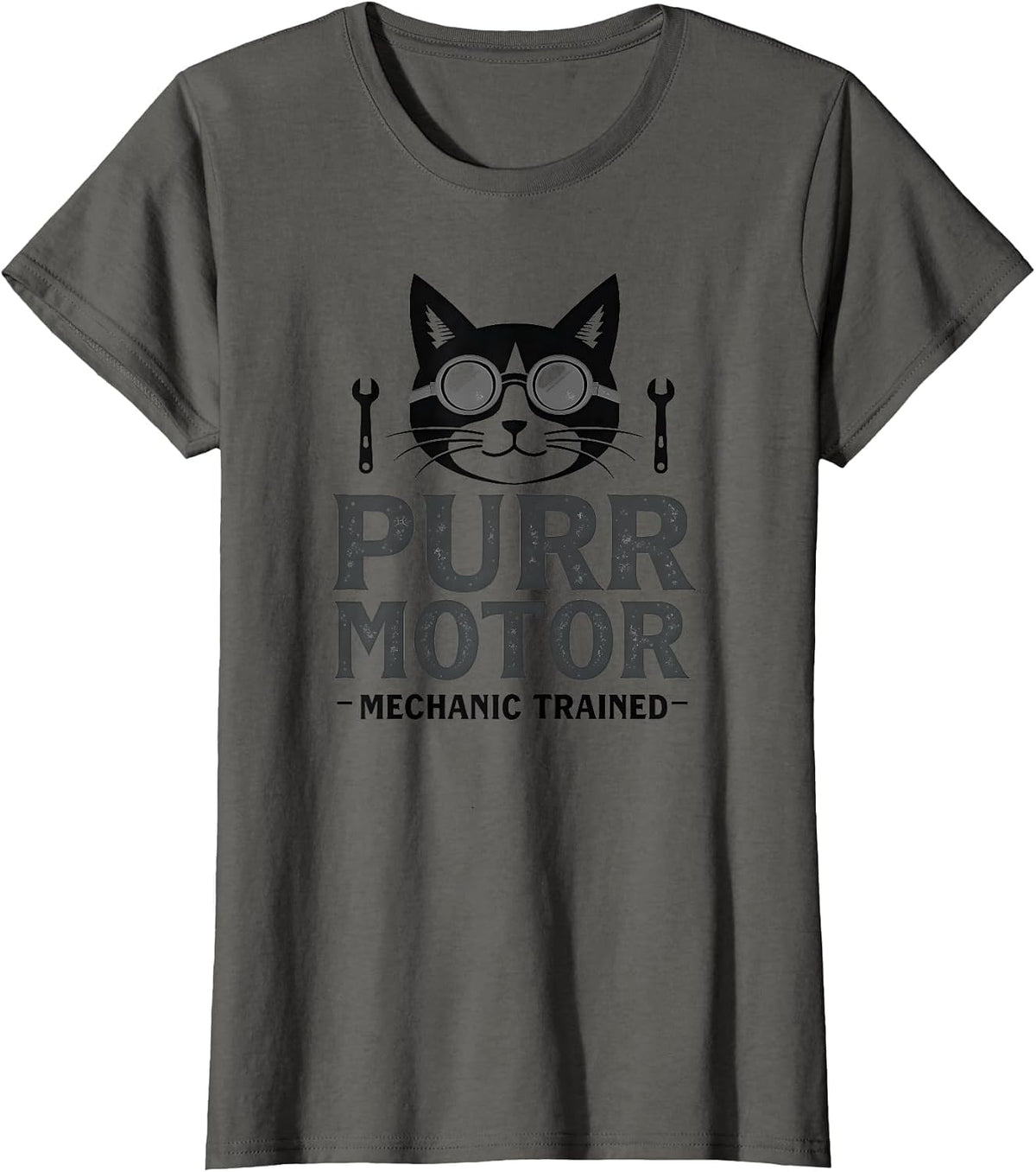 Purr Motor Mechanic Trained Cat Design T-Shirt - Asphalt Grey