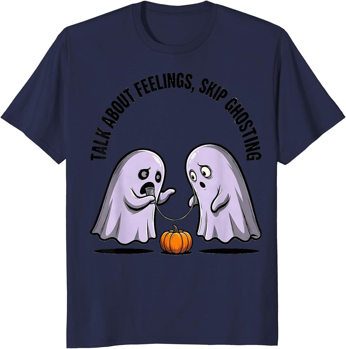 Men's Talk About Feelings Skip Ghosting Cartoon Ghost Mental T-Shirt - Navy Blue