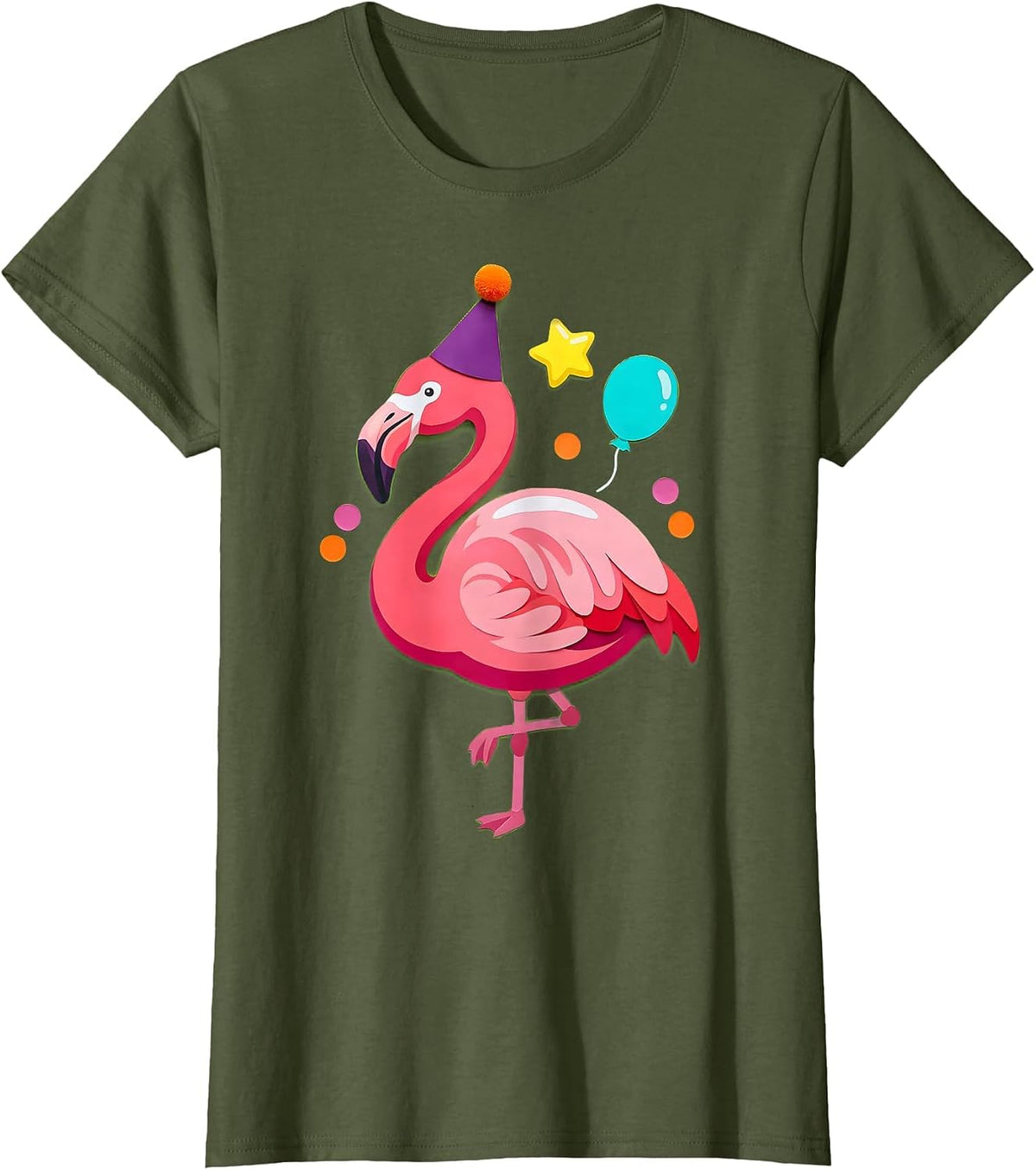 Women's Flamingo Birthday Party Hat Girls Birthday T-Shirt - Olive Green